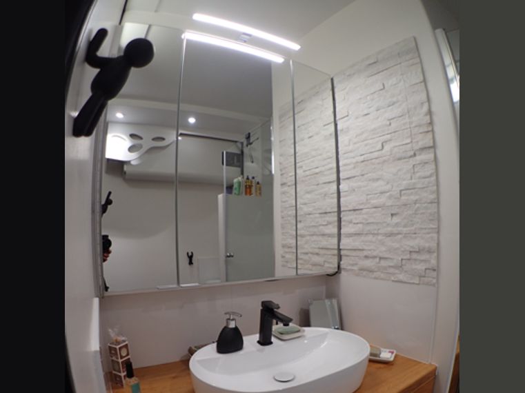 L'éclairage principal est composé de spots directs, d'un pavé leds indirect dans le puits de lumière et d'une réglette au dessus de la vasque.