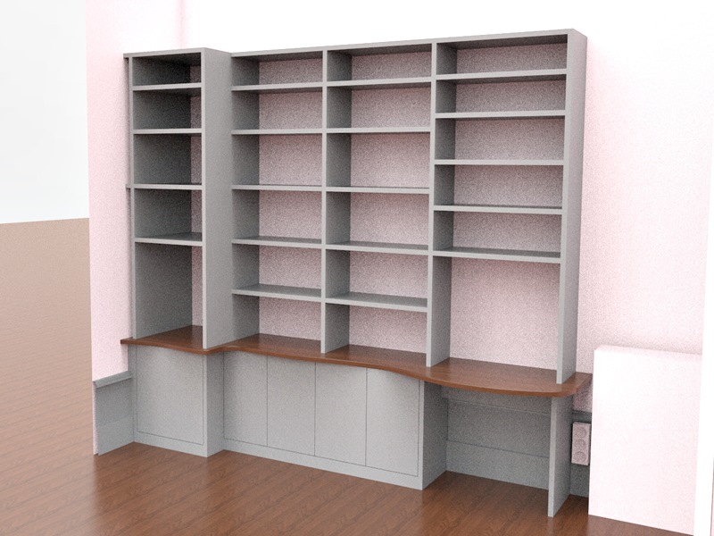 3D de la création, une grande bibliothèque avec un bureau et des rangements en bas