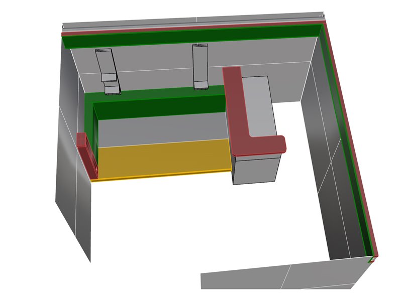 Conception 3D du studio avec les parties en menuiserie et les caissons en placo