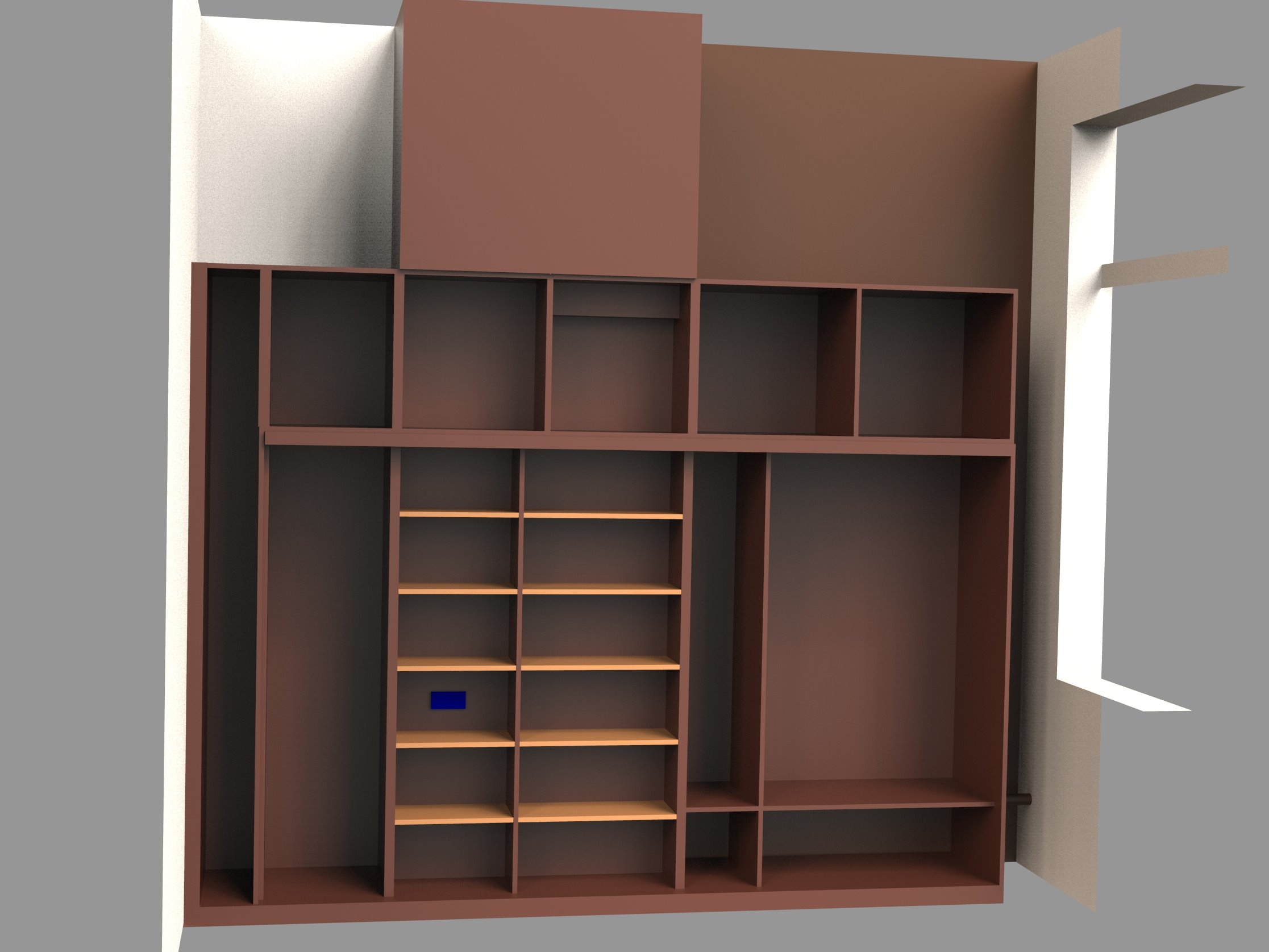Conception 3D, l'idée est de cacher et contourner la gaine de cheminée dans un seul meuble.