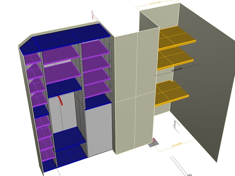 Conception 3D de la partie chambre avec un placard et des tablettes de bureau