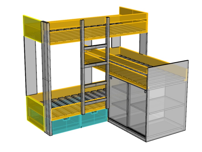 Vue 3D des 3 lits avec rangements...