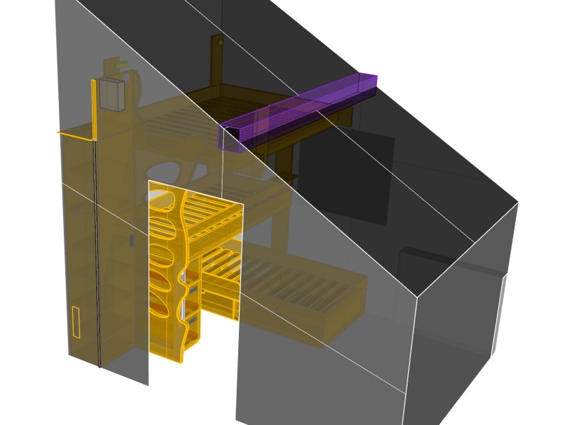 Vue 3D montrant la disposition des 3 lits dans la pièce.