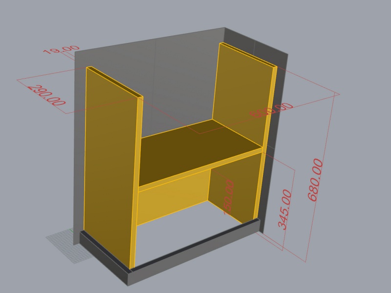 Vue 3D de l'étagère du couloir.
