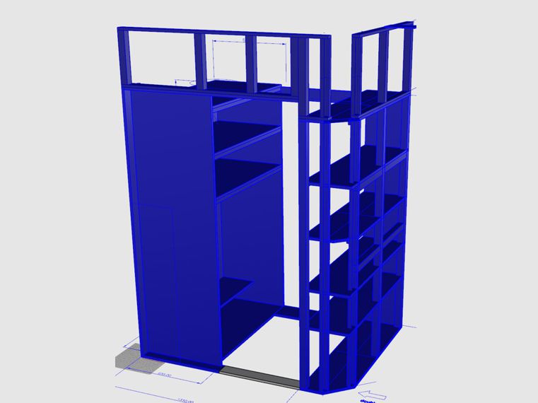 La 3D de l’ossature bois, à gauche la penderie et l’espace pour le caisson de la porte, et à droite les tablettes. 
